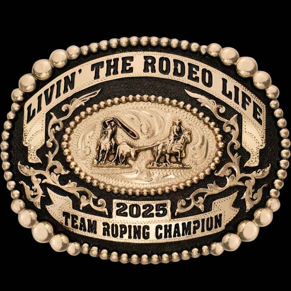 Our Vernal Belt Buckle radiates true tradition.
Handcrafted on a German Silver base, it features a beaded edge adorned with Jeweler's Bronze overlays and ribbon-ended banners on the top and bottom. What makes this buckle special is the hand-engraved bead